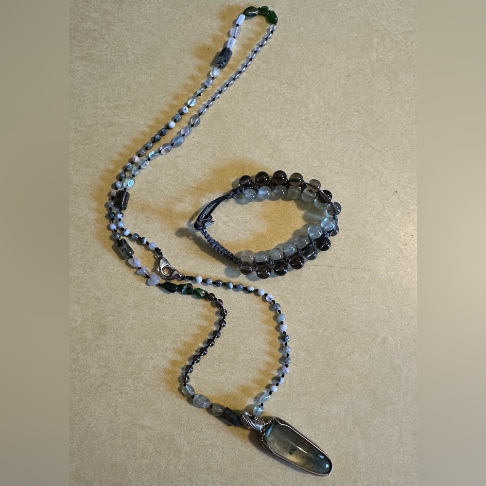 Moss Agate,Smoky Quartz,Prehinite, Moonstone,Jade necklace & matching bracelet